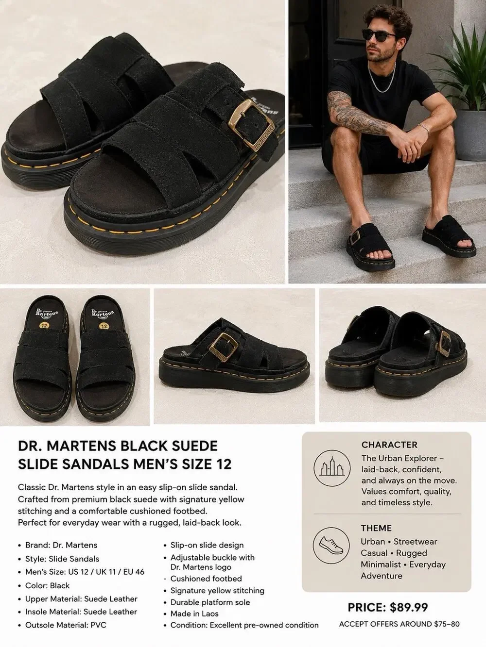 🆕Dr Martins Air Wair Men’s Adjustable Sandals Black Suede Size 12 Comfort Slide